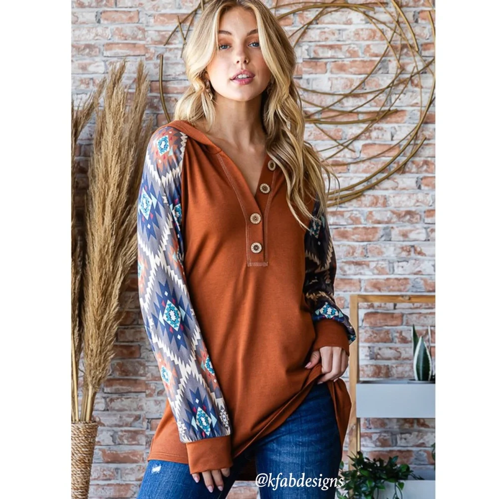 NEW! V Neck Button Detail Burnt Orange Aztec Contrast Hoodie! - Picture 3 of 9